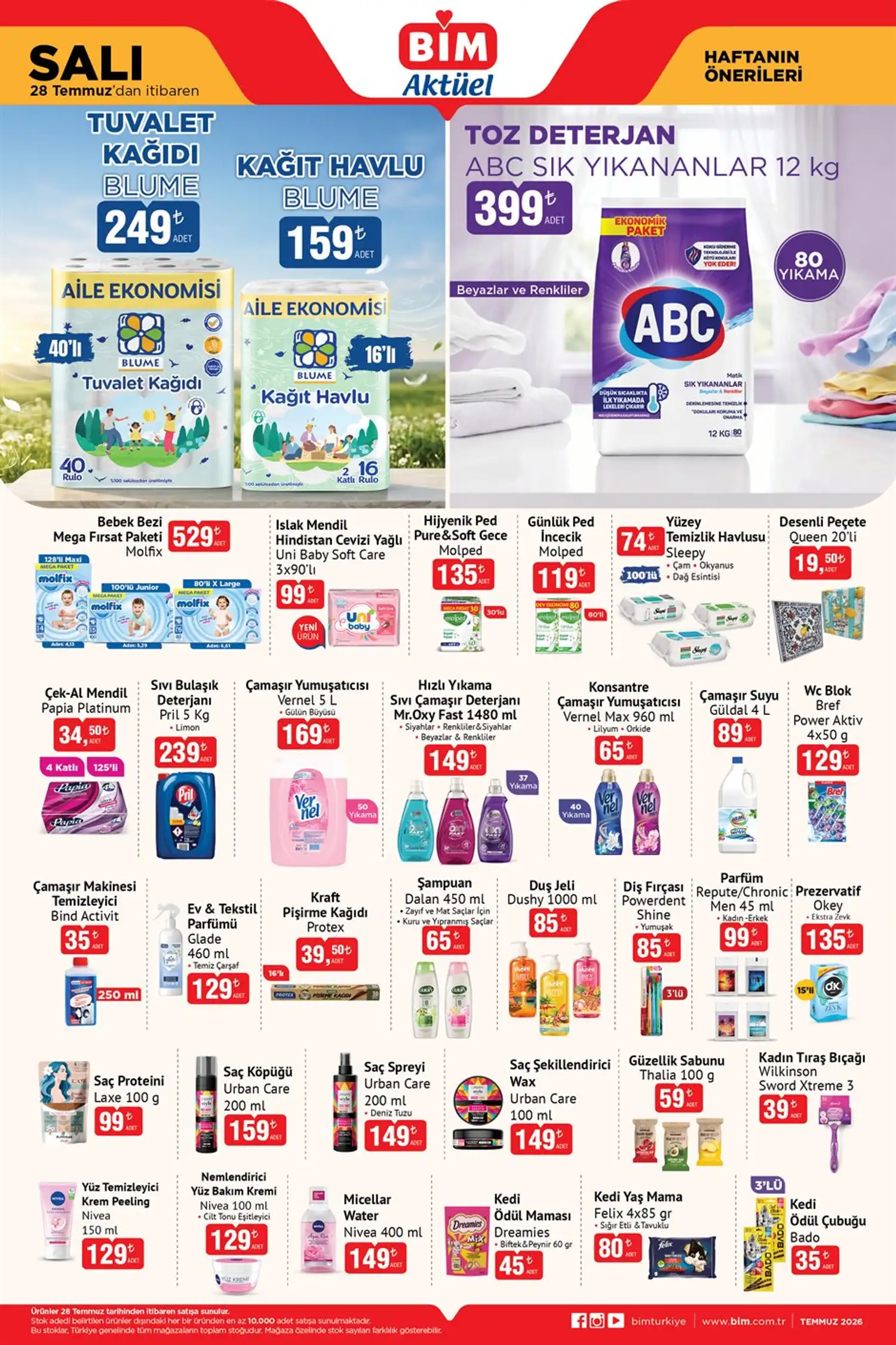 BİM 28 Temmuz 2026 aktüel katalog 1. sayfa temizlik ve kişisel bakım ürünleri