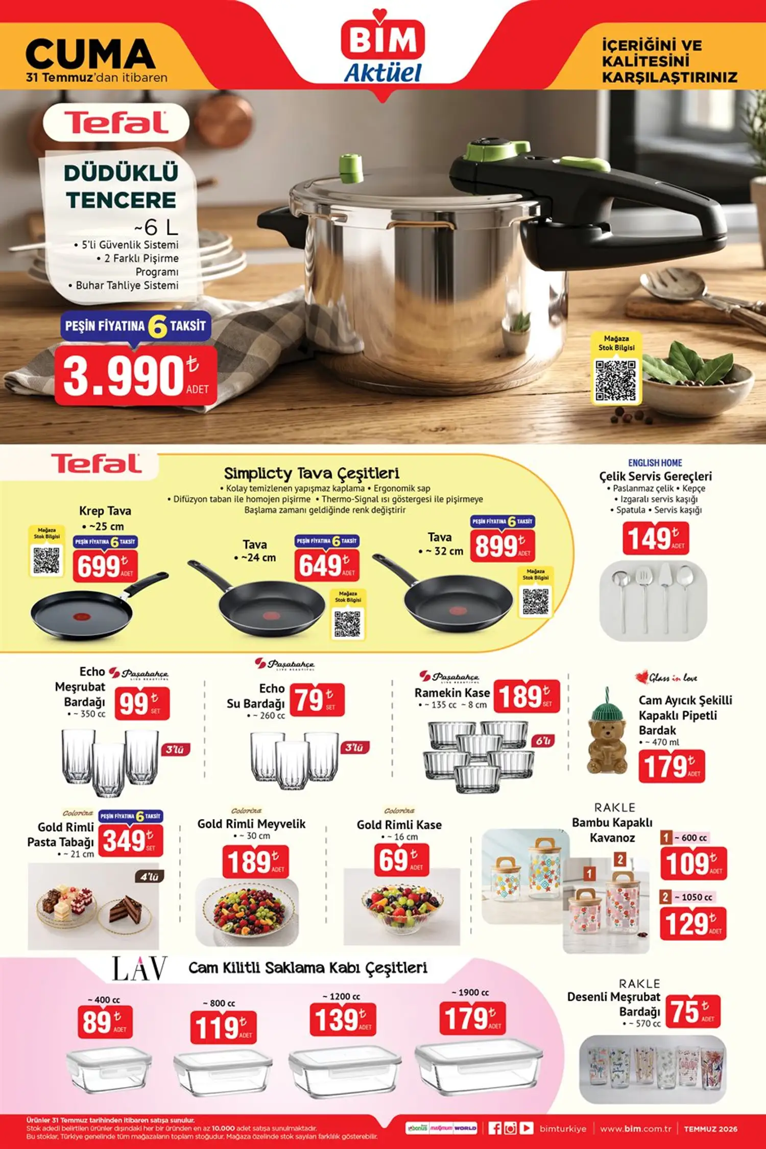 BİM 31 Temmuz 2026 aktüel katalog Tefal tencere ve züccaciye