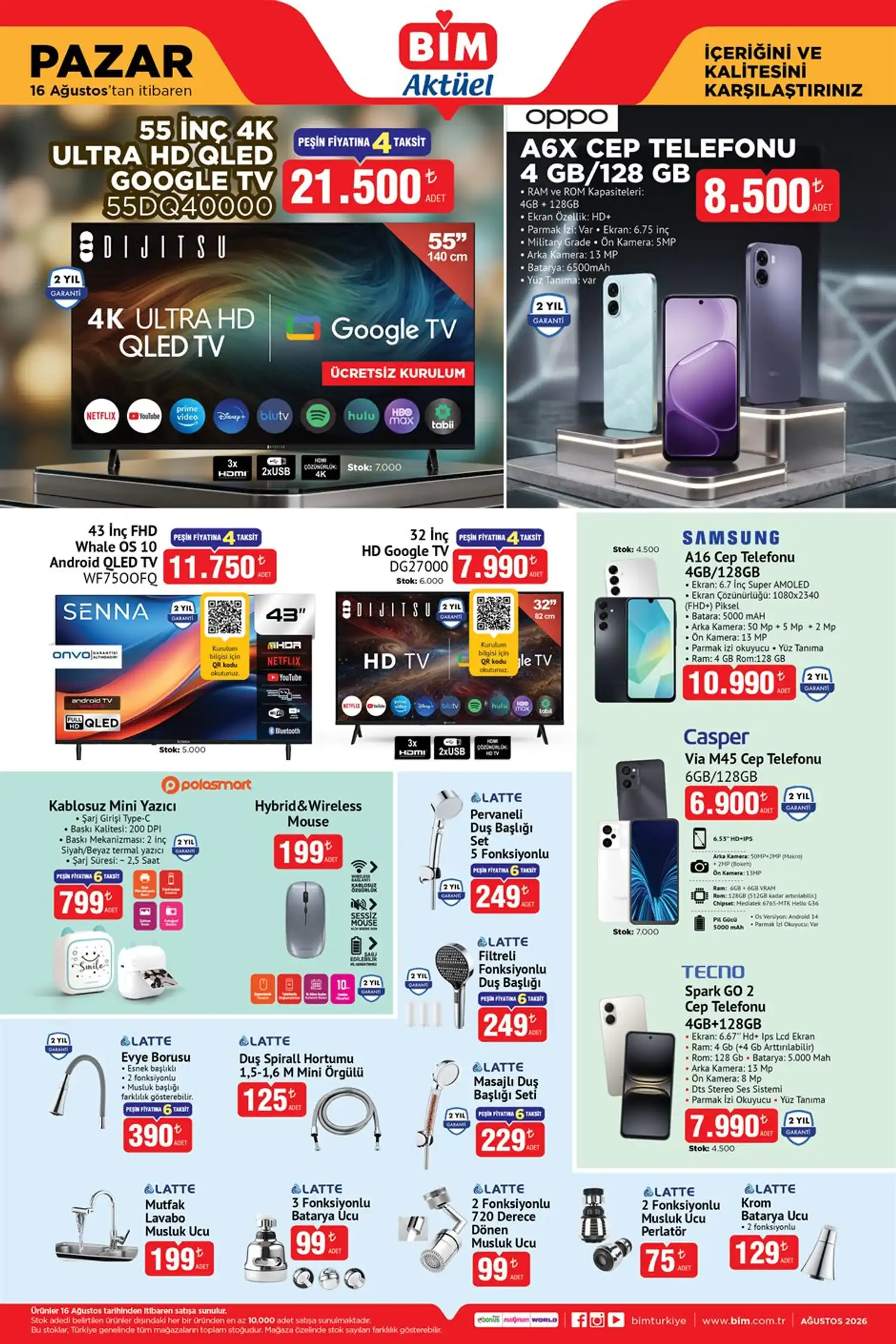 BIM 16 Agustos 2026 katalog televizyon ve telefonlar