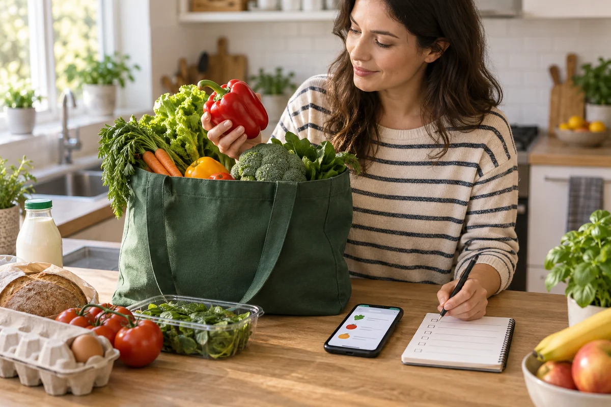 Evde market teslimatını ve teslim alınan taze ürünleri kontrol eden kullanıcı.