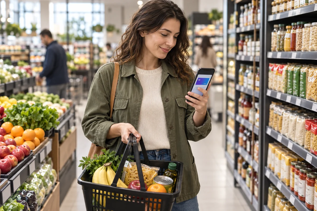 Market reyonunda dijital üyelik kartını telefonunda açan kullanıcı.