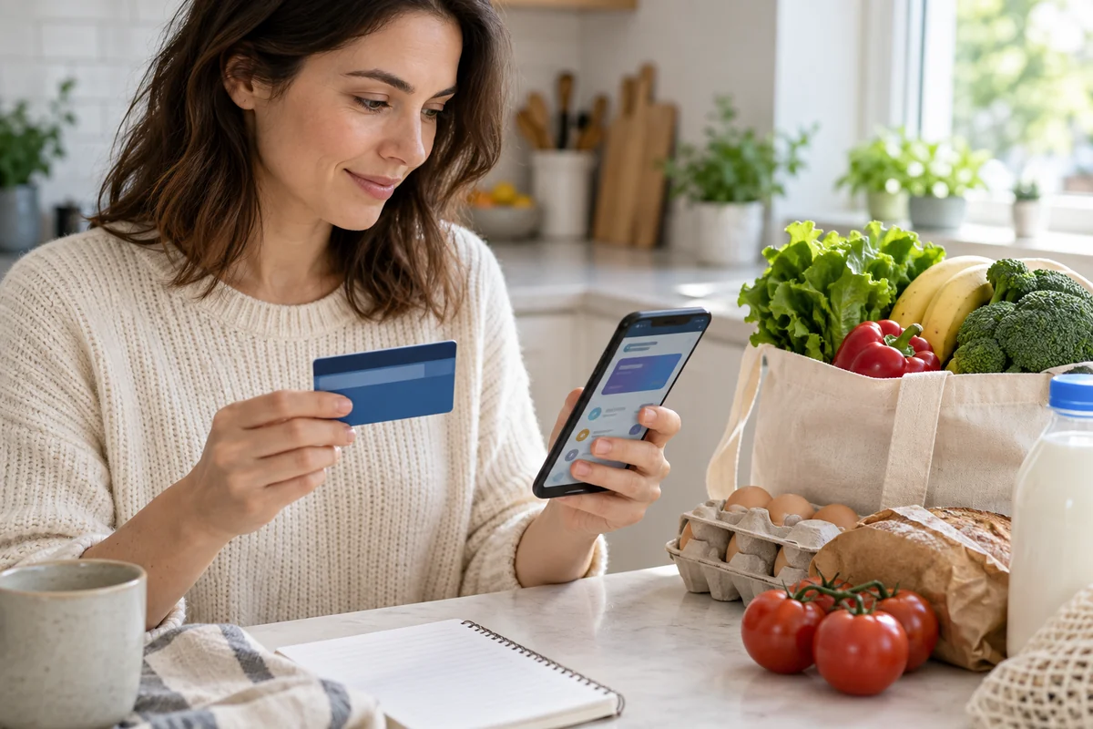 Üyelik kartı ve market sepeti yanında telefondaki dijital cüzdanı inceleyen kullanıcı.