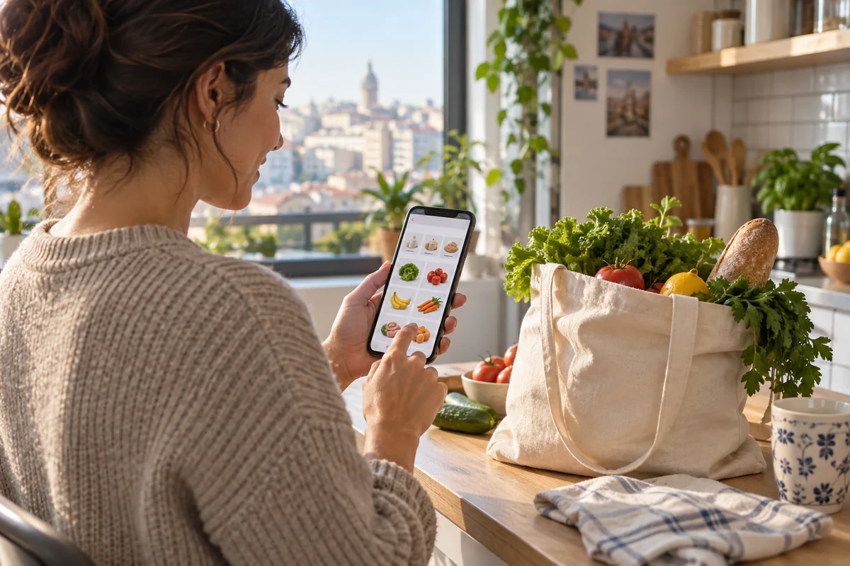 Ev mutfağında telefonundan market siparişi hazırlayan kullanıcı.