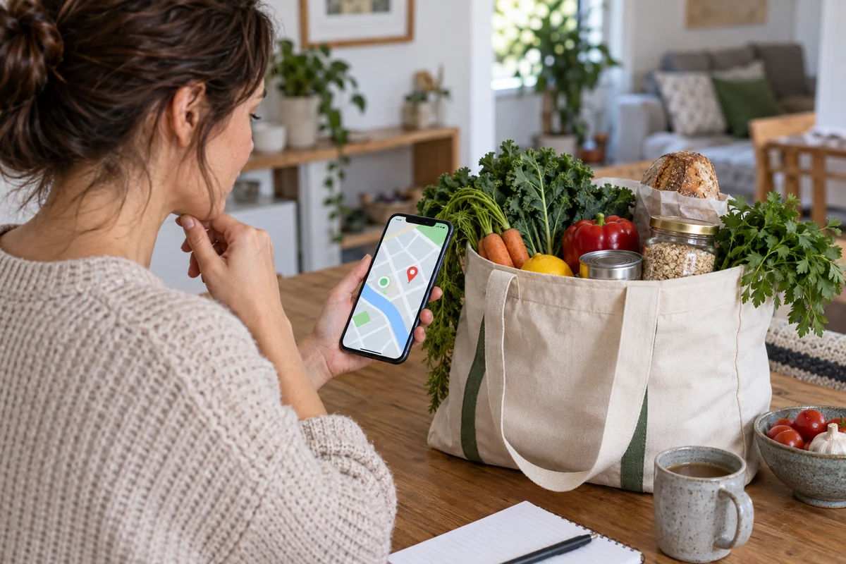 Market sepeti ve telefonundaki sipariş kontrol ekranını gözden geçiren kullanıcı.