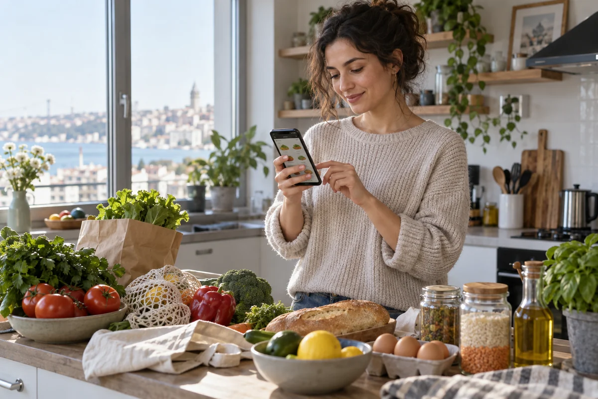 Ev mutfağında çevrimiçi market siparişini telefonundan veren kullanıcı.