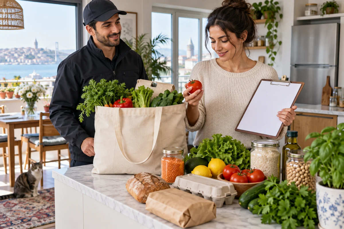 Teslimat alınan market ürünlerini sipariş listesiyle kontrol eden kullanıcı ve kurye.