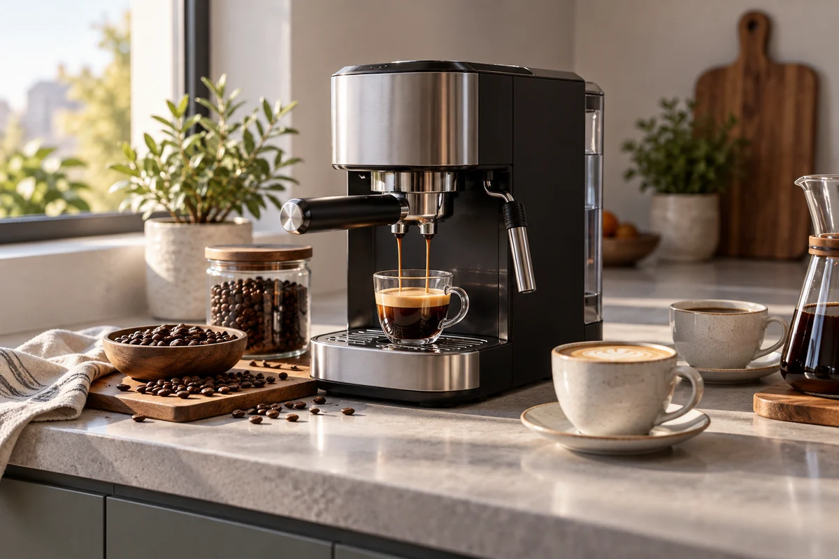 Mutfağın tezgâhında kahve çekirdekleri ve fincanlarla birlikte espresso makinesi.