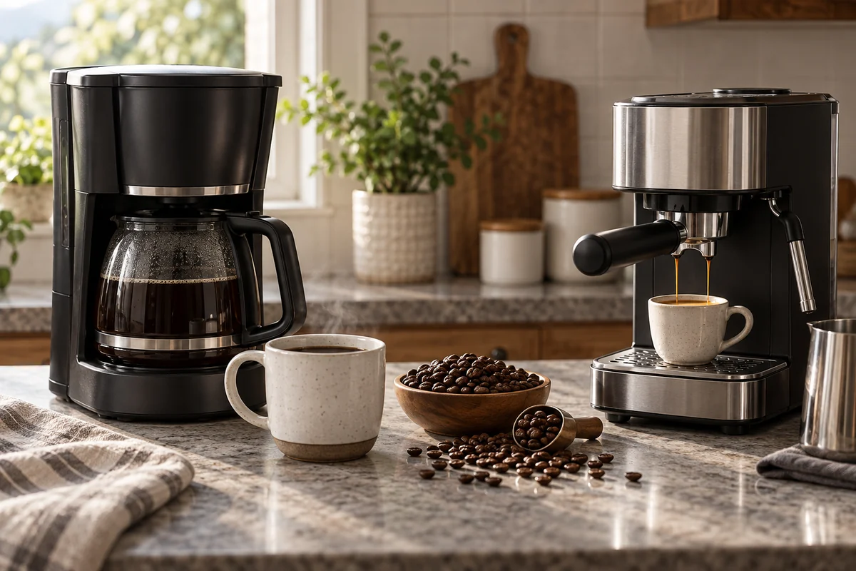 Klasik filtre kahve makinesi ile espresso makinesinin yan yana görünümü.