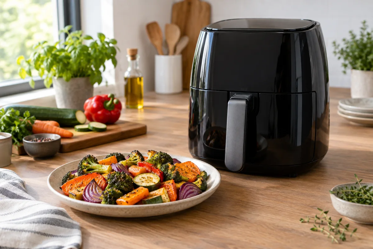 Airfryer haznesi ve servis edilmiş sebzeler; kapasite ve tezgâh kullanımını anlatan temsili görsel.