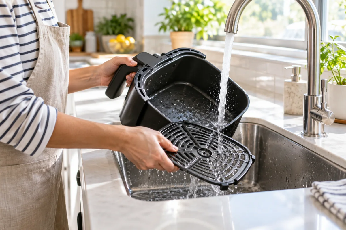 Çıkarılabilir airfryer parçalarının temizliğini anlatan temsili görsel.