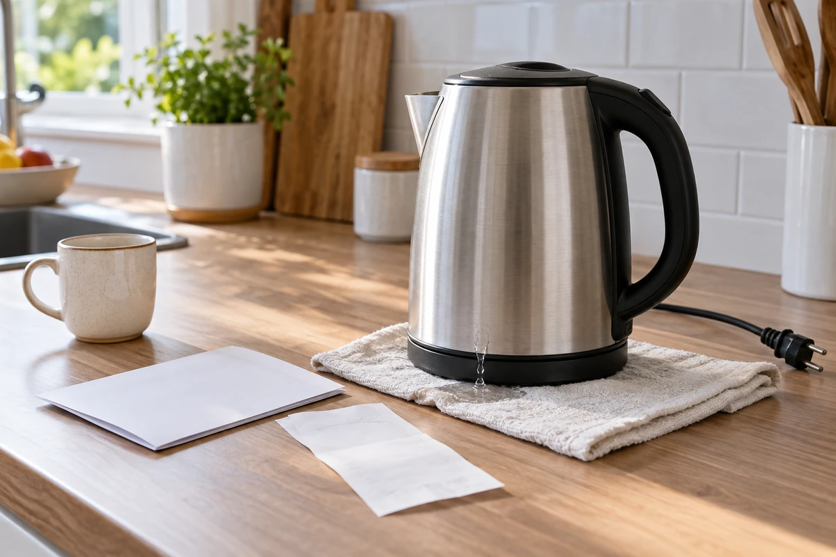 Su sızdıran, fişi prizden ayrılmış kettle ve boş belgeler; kusurlu ürünü belgeleme adımını anlatan temsili görsel.