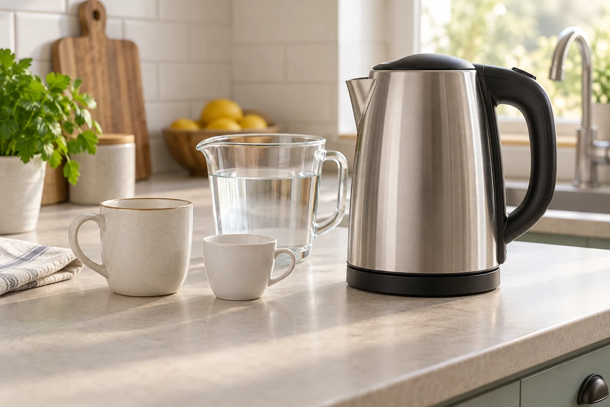 Kettle yanında ölçü kabı ve iki farklı fincan; porsiyon miktarını karşılaştırmaya yönelik temsili illüstrasyon.
