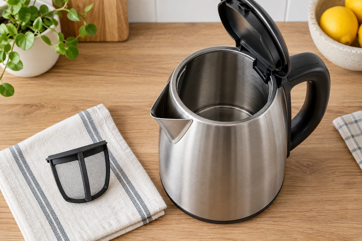 Kapağı açık logosuz kettle ve yanında çıkarılabilir süzgeç; bakım erişimini anlatan temsili illüstrasyon.