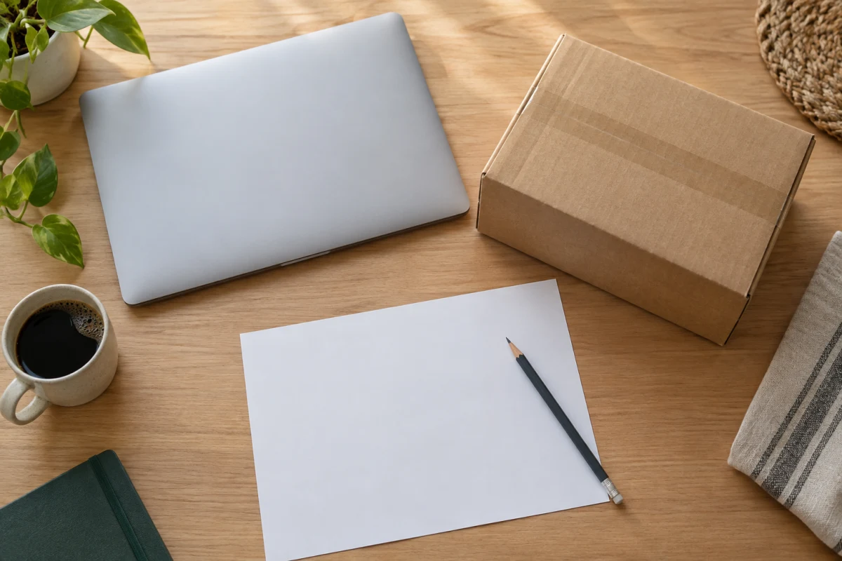 Online Alışveriş Sitesi ETBİS Kaydı Nasıl Kontrol Edilir? Sorgu ve Sınırlar İşletme bilgilerini karşılaştırmak için açık bir defter, kargo kutusu ve kapalı bilgisayar bir arada; temsili görsel.