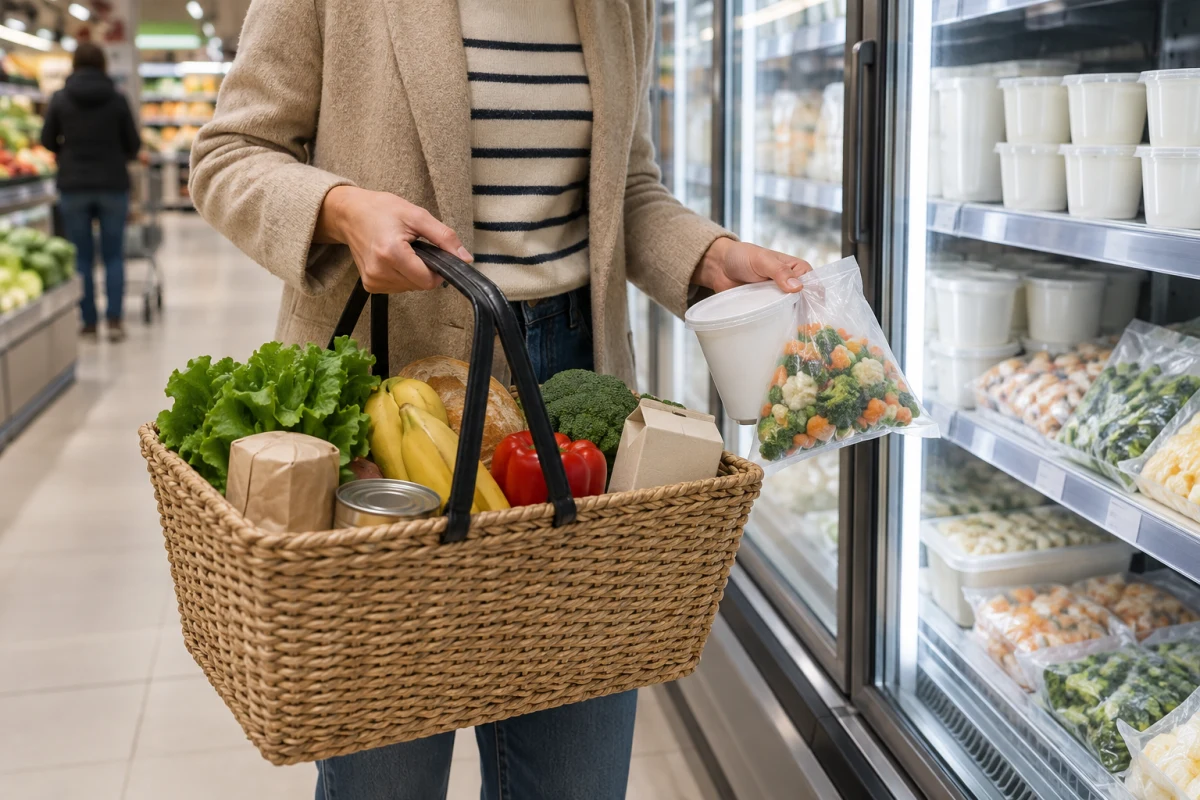 Müşteri market alışverişinin sonunda soğuk ürünleri sepete yerleştiriyor; temsili görsel.