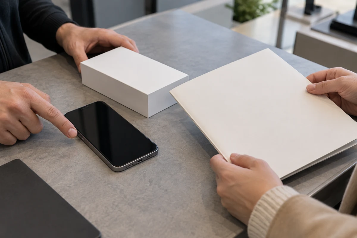 Logosuz telefonun yanında boş ürün dosyası ve kapalı kutu birlikte inceleniyor; temsili görsel.