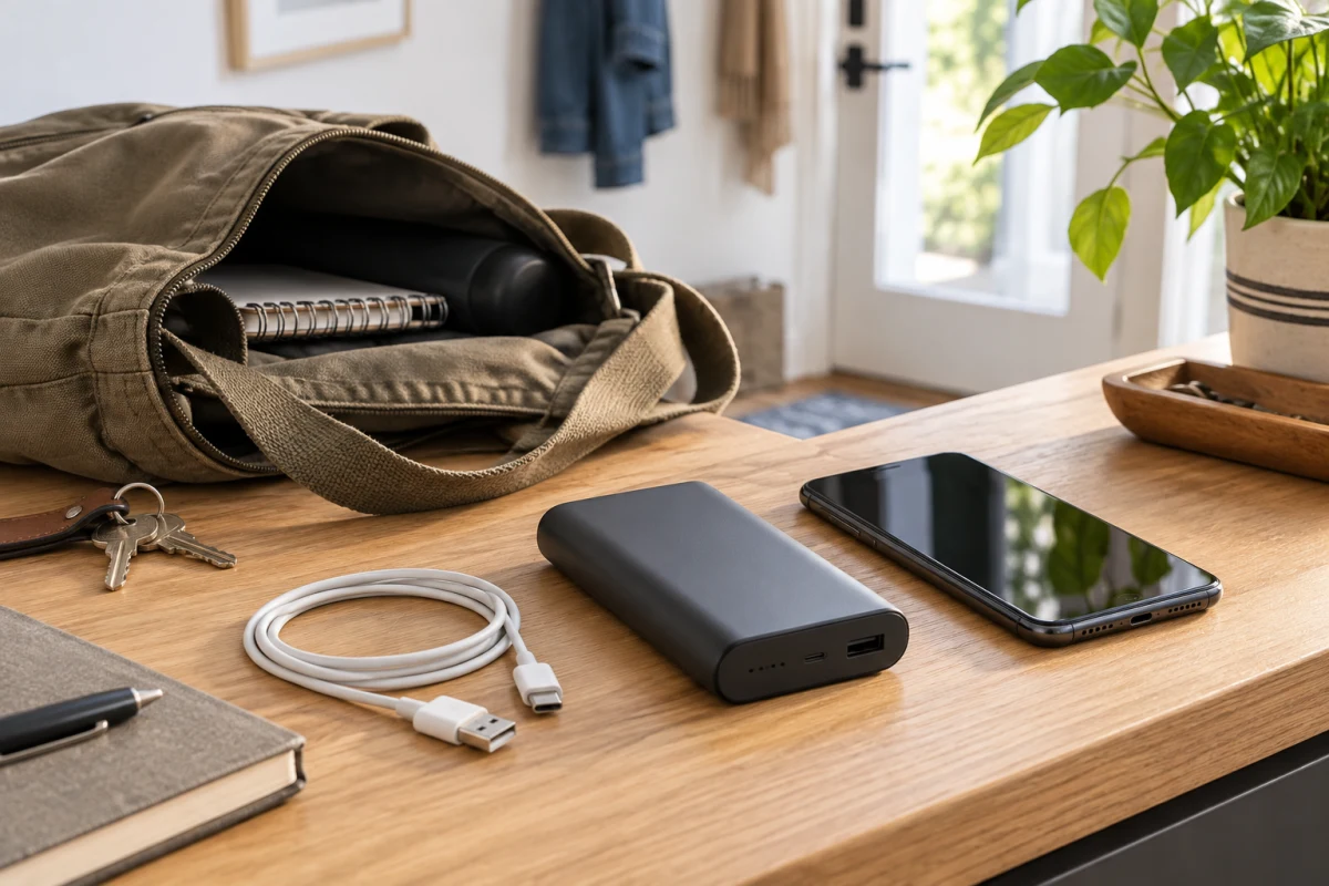 Küçük logosuz powerbank günlük çanta, telefon ve kabloyla birlikte; temsili taşınabilir kullanım sahnesi.