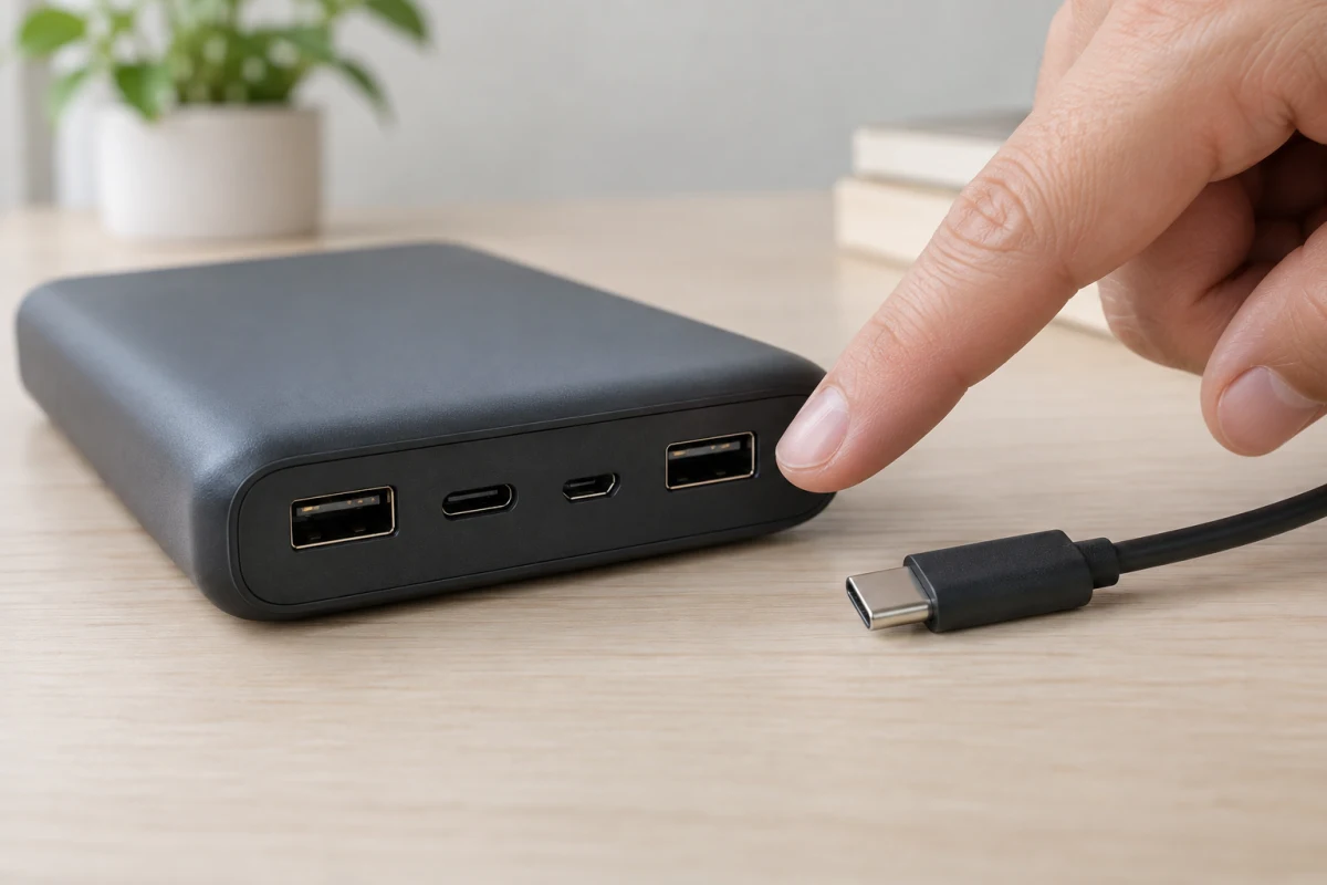 Logosuz powerbank üzerindeki bağlantı noktaları ve kablonun ucu yakından görülüyor; temsili teknik kontrol görseli.