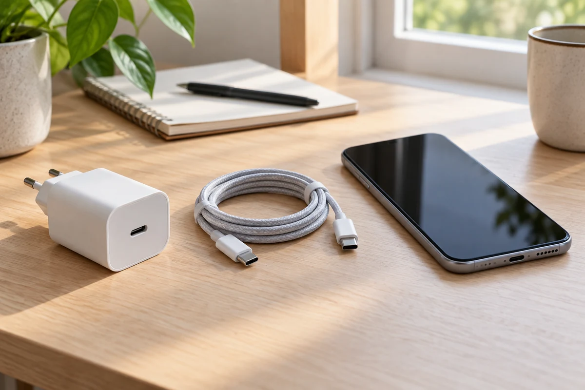 USB-C adaptör, kablo ve ekranı kapalı telefonun birlikte durduğu alışveriş seçimi sahnesi; temsili görsel.