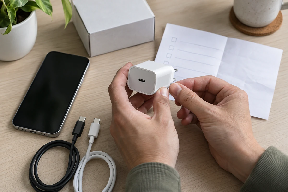 Elin USB-C adaptörü telefon ve iki kablo yanında kontrol ettiği temsili masa sahnesi.
