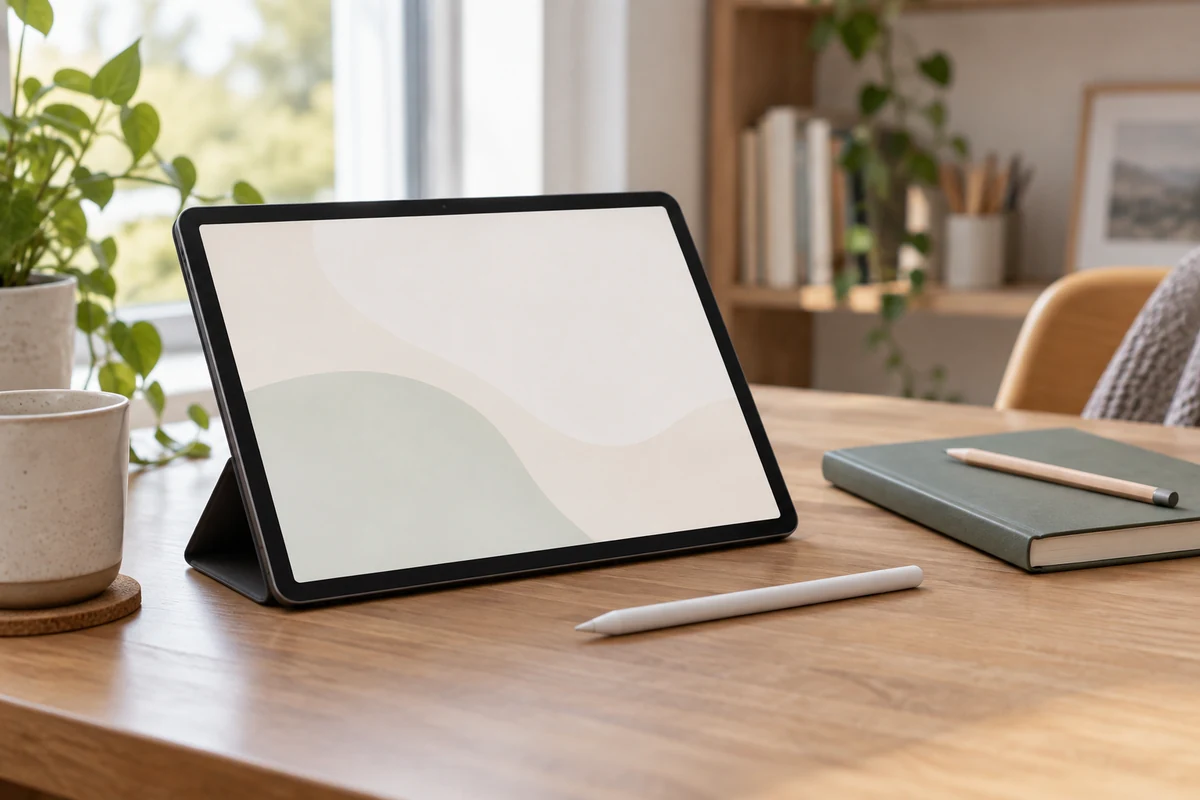 Stylus ve defterle birlikte sade masa üstündeki tablet; temsili görsel.