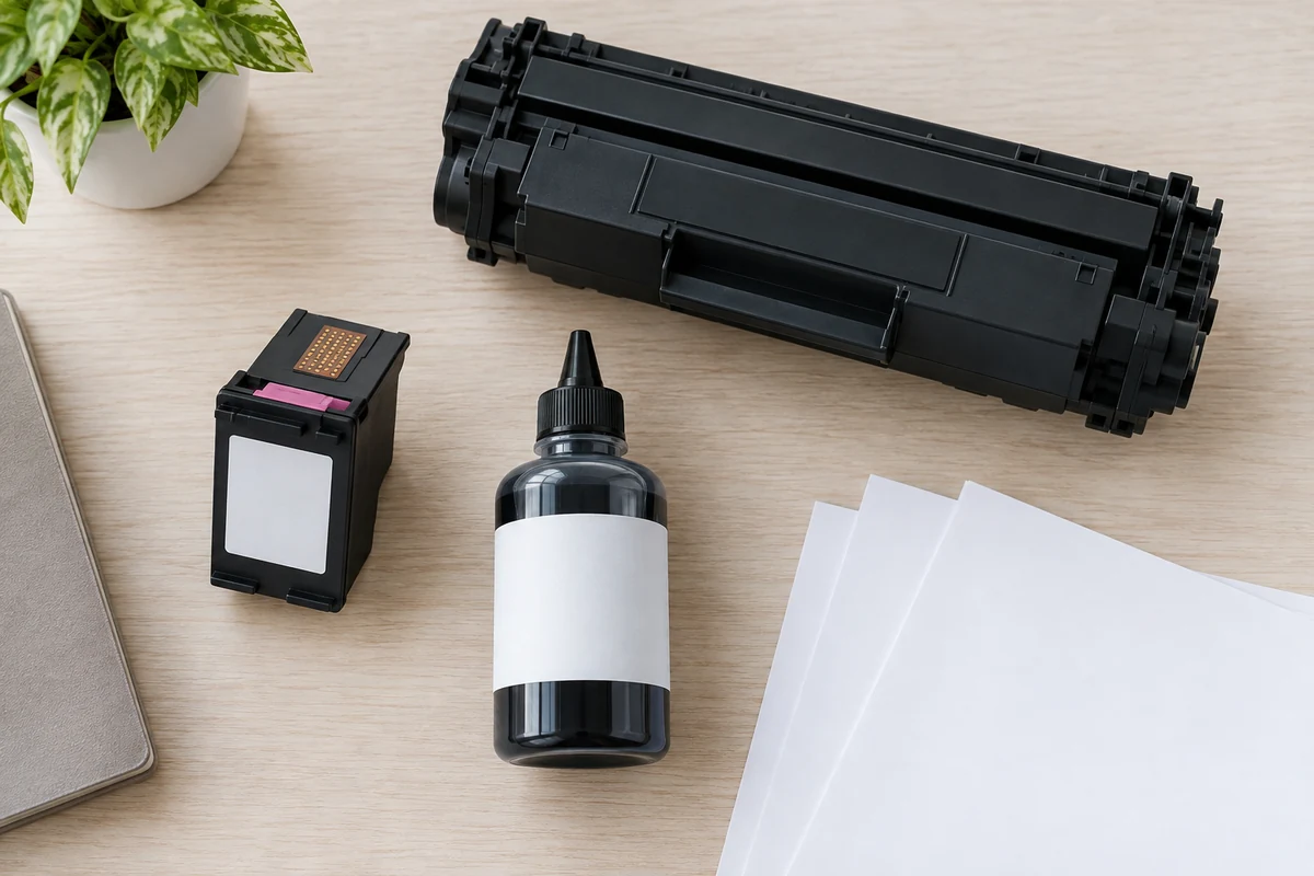 Kartuş, toner ve etiketsiz mürekkep şişesinin karşılaştırma sahnesi; temsili görsel.